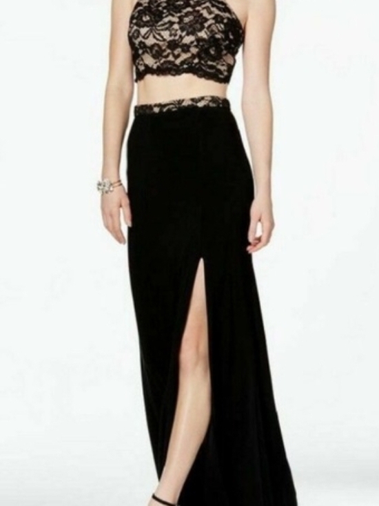 Xscape Dresses & Skirts - 2 Piece Formal Black Lace Cropped Halter Top with High-Slit Maxi Skirt by Xscape
